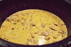 Stroganoff din carne de porc si ciuperci la slow cooker Crock Pot