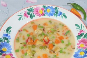 Ciorba de gaina cu mazare, tarhon si iaurt la slow cooker Crock Pot
