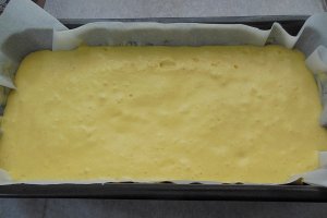 Desert cu pandispan, crema cu iaurt si dulceata de merisoare