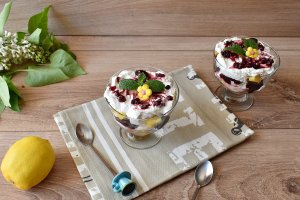 Desert cu pandispan, crema cu iaurt si dulceata de merisoare