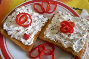 Aperitiv pasta tartinabila din branza de vaci, cu ceapa rosie si chimen